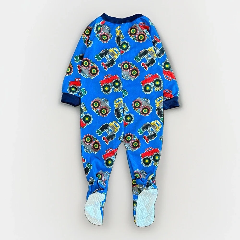 Vintage Carters 12M Monster Truck Print Footed Fleece Sleeper Pajamas Blue Baby